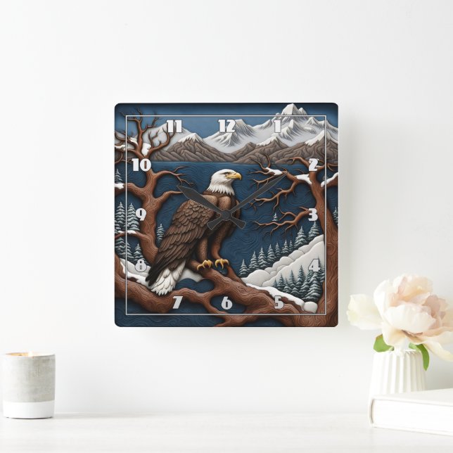 Majestic Eagle mit Blick auf das schneebedeckte Be Quadratische Wanduhr (Zuhause)
