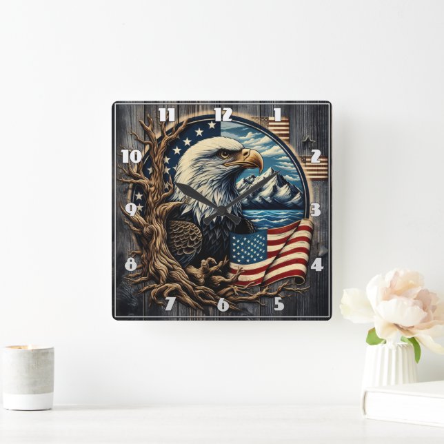 Majestic Eagle mit Blick auf den Bergsee Quadratische Wanduhr (Zuhause)