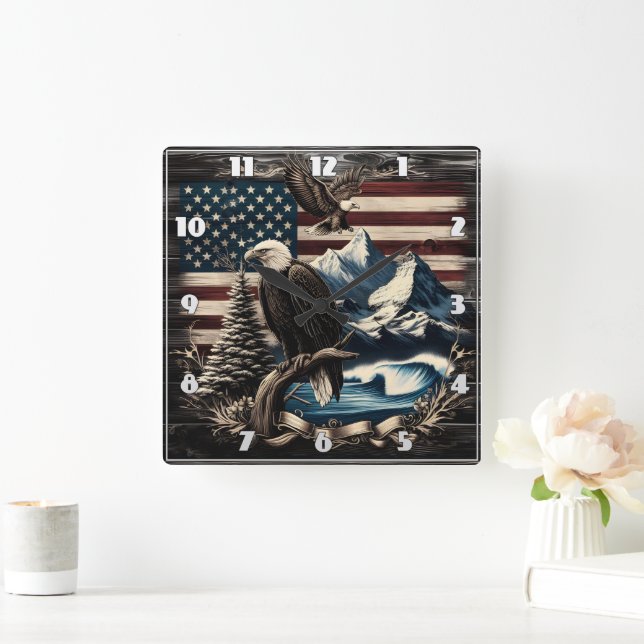 Majestic Eagle Over American Landscape The Dusk Quadratische Wanduhr (Zuhause)