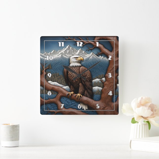 Majestic Eagle vom Serene Mountain Lake Quadratische Wanduhr (Zuhause)