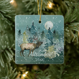 Majestic Elch in Forest Full Moon Snowfall Keramikornament