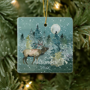 Majestic Elch in Forest Full Moon Snowfall Keramikornament
