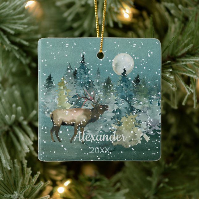 Majestic Elch in Forest Full Moon Snowfall Keramikornament (Baum)