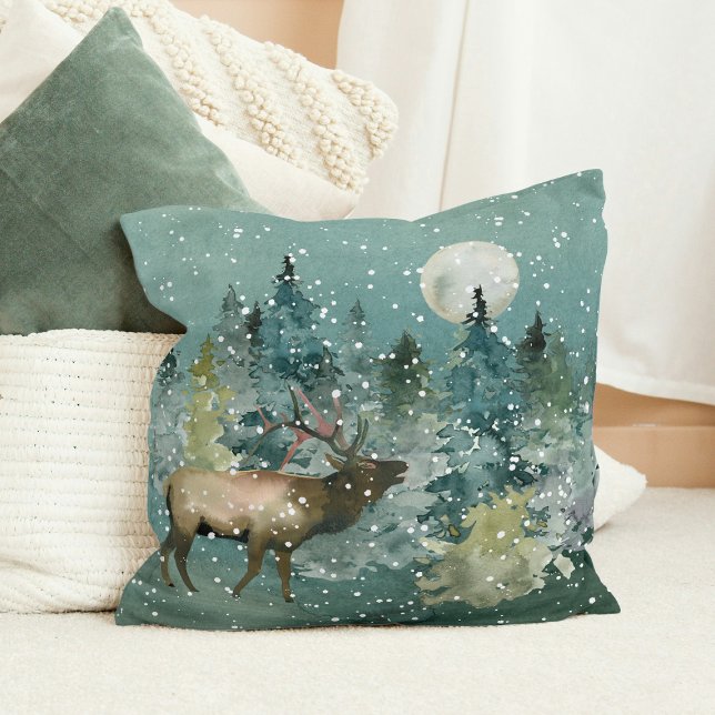 Majestic Elch in Forest Full Moon Snowfall Kissen (Majestic Elk in Forest Full Moon Snowfall Christmas Throw Pillow)