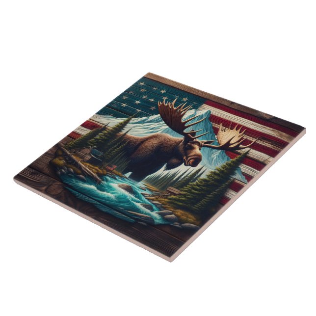 Majestic Elche unter Bergen und amerikanische Flag Fliese (Seite)