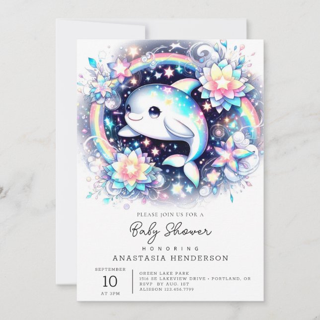 Majestic Elegante Dolphin Baby Dusche Einladung (Vorderseite)