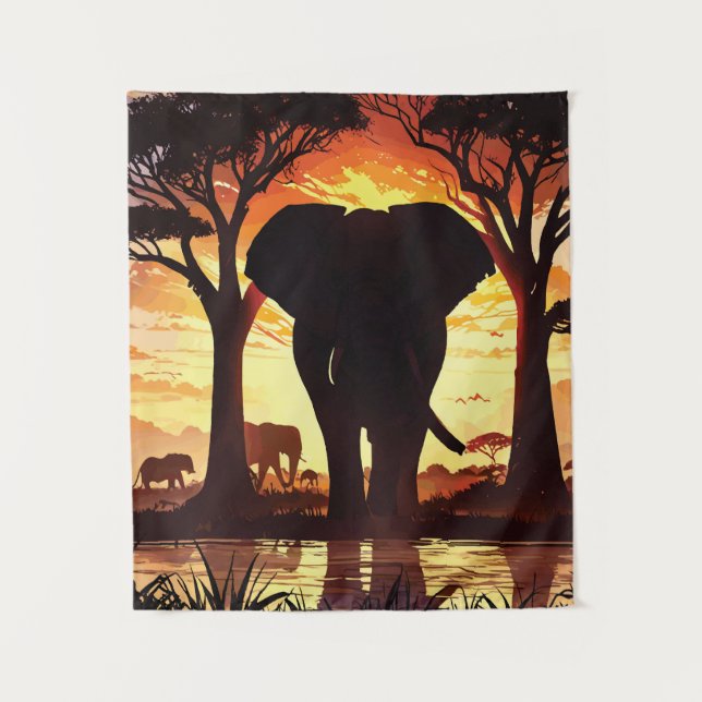 Majestic Elephant at Sunset in the African Savanna Wandteppich (Vorderseite)