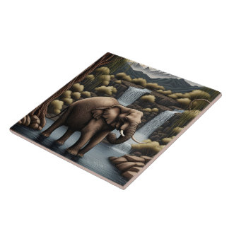 Majestic Elephant by Cascading Wasserfälle at Dusk Fliese
