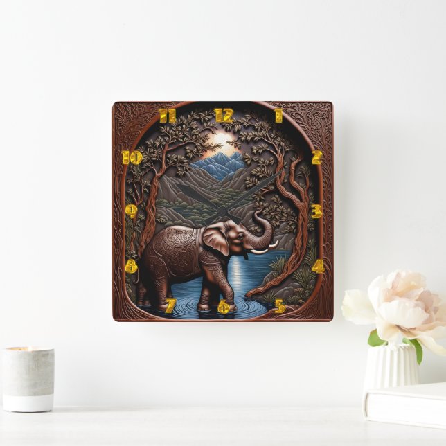 Majestic Elephant by Serene Mountain Lake Quadratische Wanduhr (Zuhause)