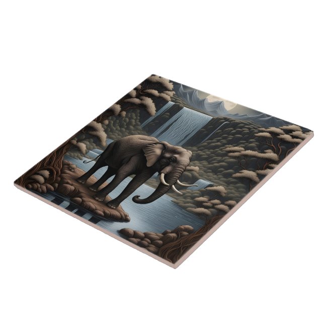 Majestic Elephant by Serene Waterfall at Night Fliese (Seite)