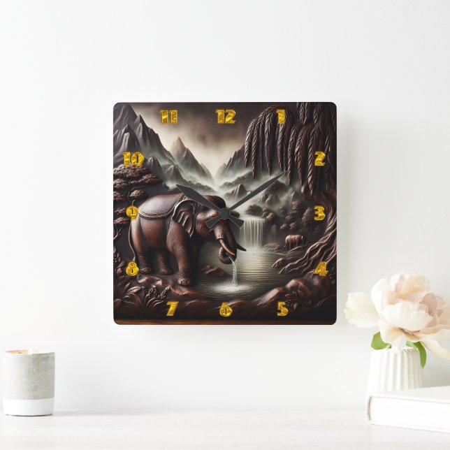 Majestic Elephant Drinks von Serene Waterfall Quadratische Wanduhr (Zuhause)