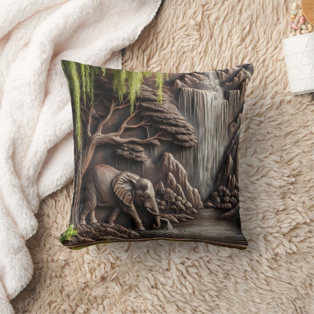 Majestic Elephant von ruhiger Wasserfall-Szene Kissen (Decke)
