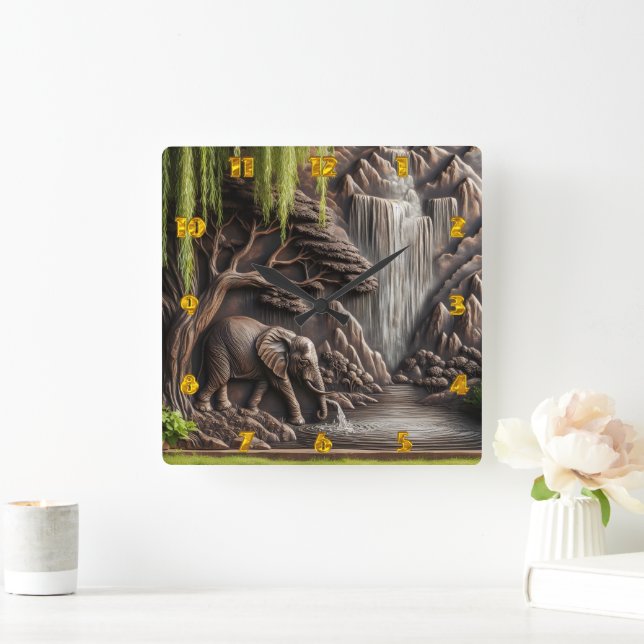 Majestic Elephant von ruhiger Wasserfall-Szene Quadratische Wanduhr (Zuhause)