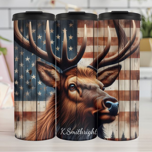 Majestic Elk American Flag Wood Thermosbecher (Von Creator hochgeladen)