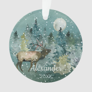 Majestic Elk Forest Pleine lune Snowfall Aquarelle