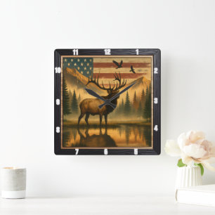 Majestic Elk Outdoor gegen einen patriotischen Ame Quadratische Wanduhr