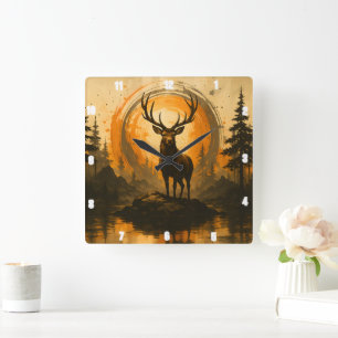 Majestic Elk Stehend Proudly Rock Forest Quadratische Wanduhr