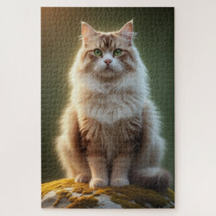 Majestic Fluffy Cat - Serene Green Mit Augen Felin