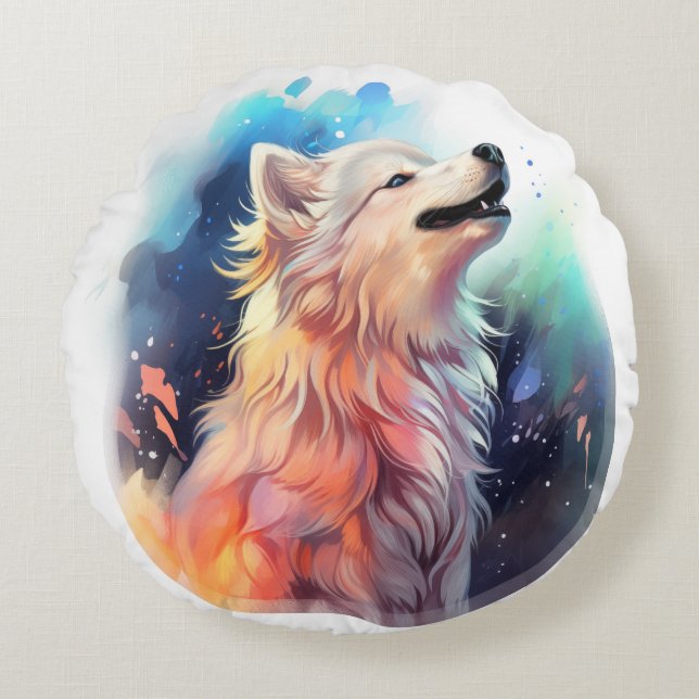 Majestic Fluffy Wolf Pillow Rundes Kissen (Vorderseite)