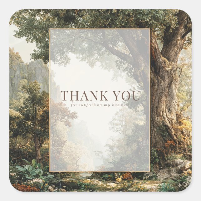 Majestic Forest Ancient Tree Gold Frame Landscape Quadratischer Aufkleber (Vorderseite)