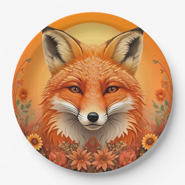 Majestic Fox Portrait umgeben von Blume im Herbst Pappteller (Vorderseite)