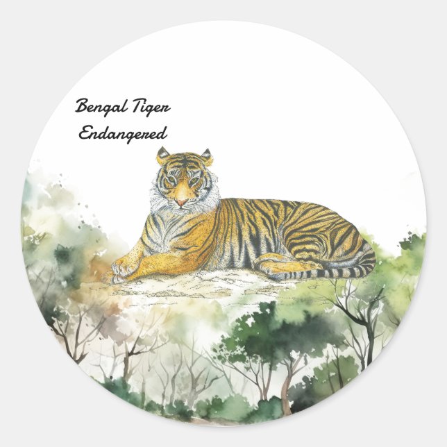 Majestic gefährdete Bengalisch Tiger handbemalt Runder Aufkleber (Vorderseite)