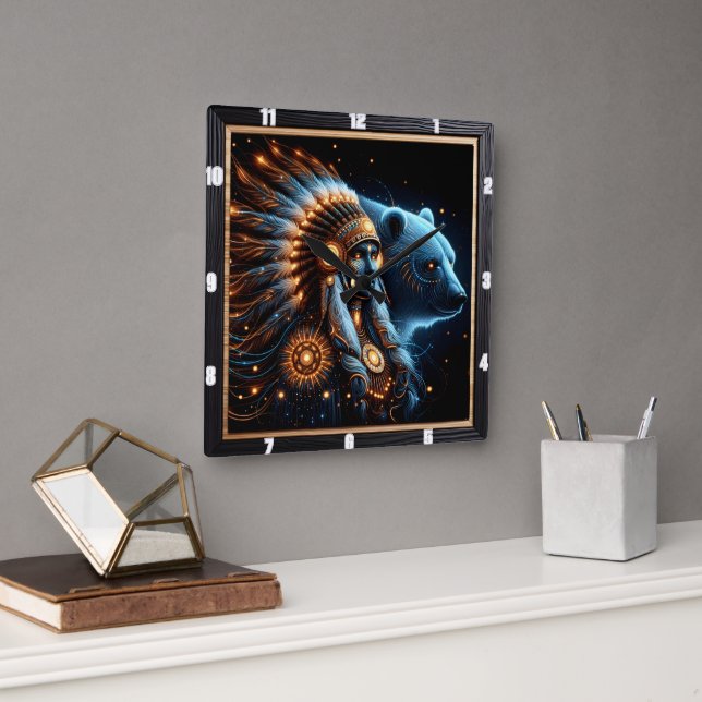Majestic Geist des Bären und der Kriegerfrau Quadratische Wanduhr (Büro)