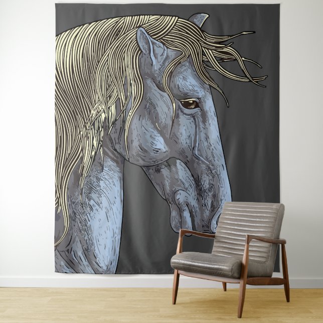 Majestic Graues Pferd mit blühender Mane Wandteppich (Beispiel)