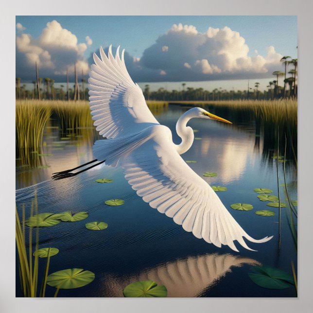 Majestic Great Egret in ruhigen Feuchtgebieten Poster (Vorne)