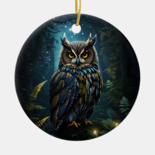 Majestic Great Horned Owl glühende Nacht Szene Keramik Ornament