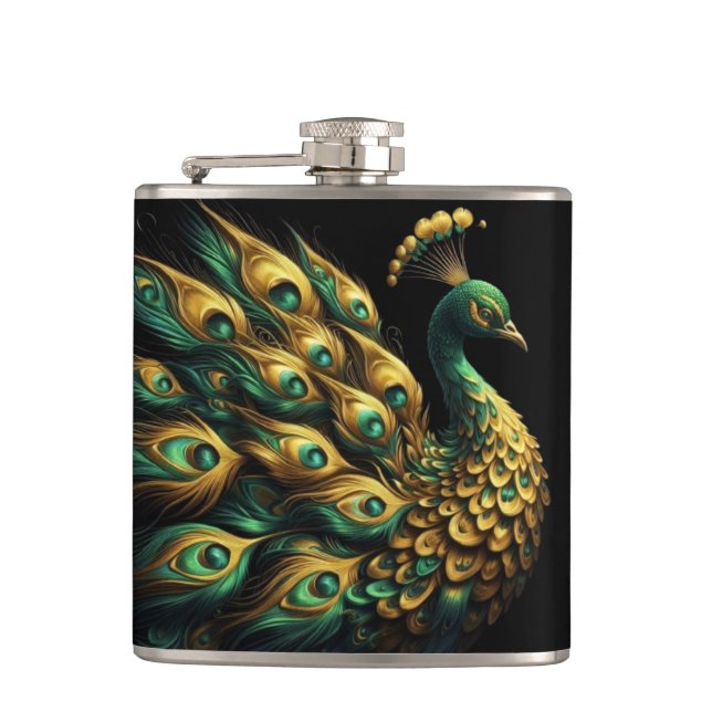 Majestic Green und Gold Peacock Flachmann (Vorderseite)