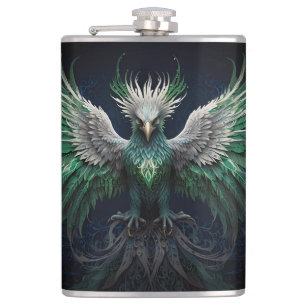 Majestic Green & White Phoenix Bird Flachmann