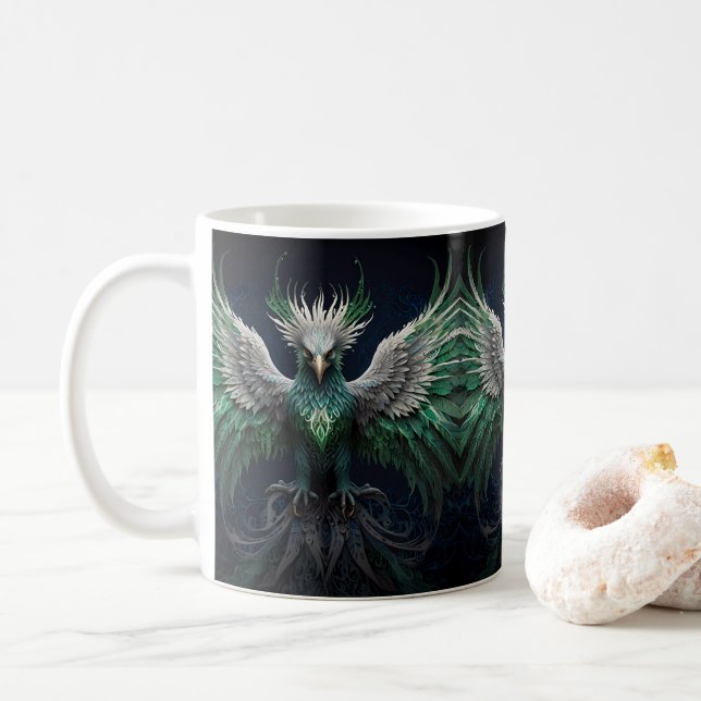 Majestic Green & White Phoenix Bird Kaffeetasse (Mit Donut)