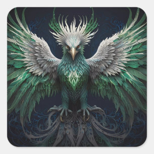 Majestic Green & White Phoenix Bird Quadratischer Aufkleber