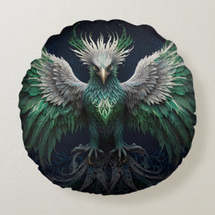 Majestic Green & White Phoenix Bird Rundes Kissen