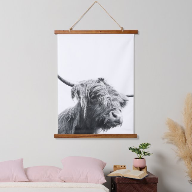 Majestic Highland Kuh schwarz-weiß Wandteppich Mit Holzrahmen (Schlafzimmer)