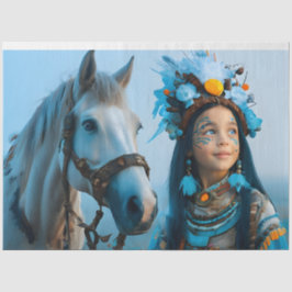 Majestic Horse And Native Girl In Blue Seidenpapier