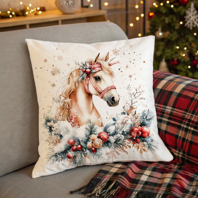 Majestic Horse in Snowy Landscape Kissen (Majestic Horse in Snowy Landscape Throw Pillow)