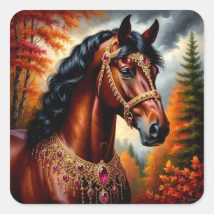 Majestic Horse mit Verziertem Gold Harness Quadratischer Aufkleber
