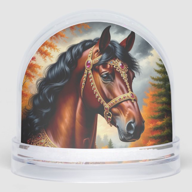 Majestic Horse mit Verziertem Gold Harness Schneekugeln (Vorderseite)