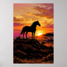 Majestic Horse Silhouette at Sunset Poster | Elega