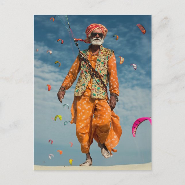 Majestic Indian Elder Kite Fliegen am Strand Postkarte (Vorderseite)