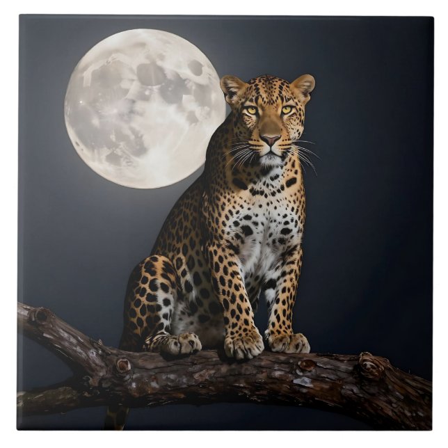 Majestic Leopard and Full Moon   Fliese (Vorderseite)