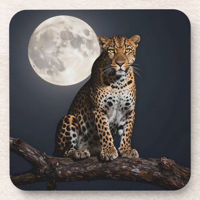 Majestic Leopard and Full Moon   Getränkeuntersetzer (Vorderseite)