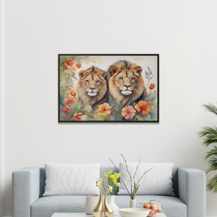Majestic Lion & Floral Watercolor Art Print Poster