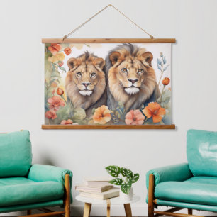 Majestic Lion & Floral Watercolor Art Print Wandteppich Mit Holzrahmen