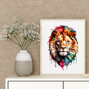Majestic Lion Rainbow Watercolor Splash Art Poster
