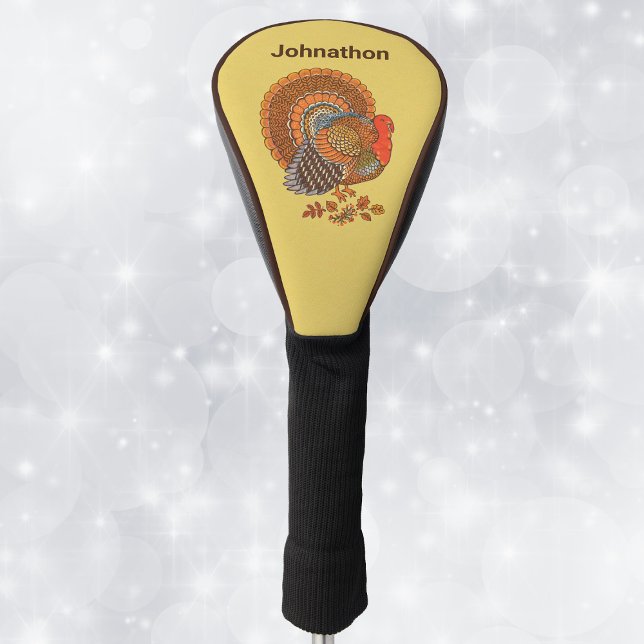 Majestic Männliche Türkei Schwanz Herbstfarben geb Golf Headcover (Male Turkey fanned tail Feathers in Autumn colours with leaves on golden yellow golf club cover.)