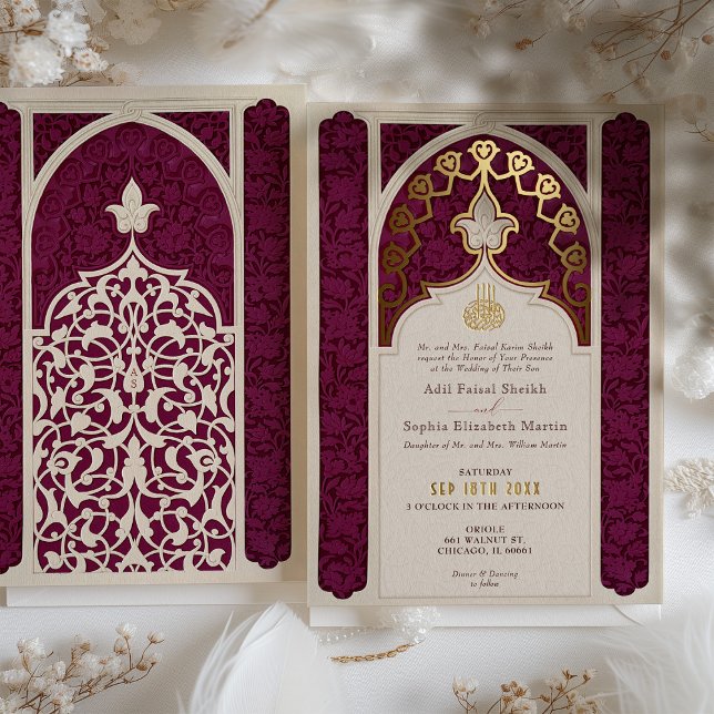Majestic Maroon and Gold Foil Islamic Wedding Folieneinladung (Von Creator hochgeladen)