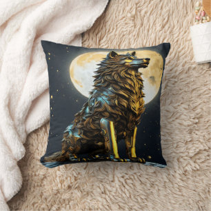 Majestic Metallischer Wolf unter Vollmondlicht Kissen